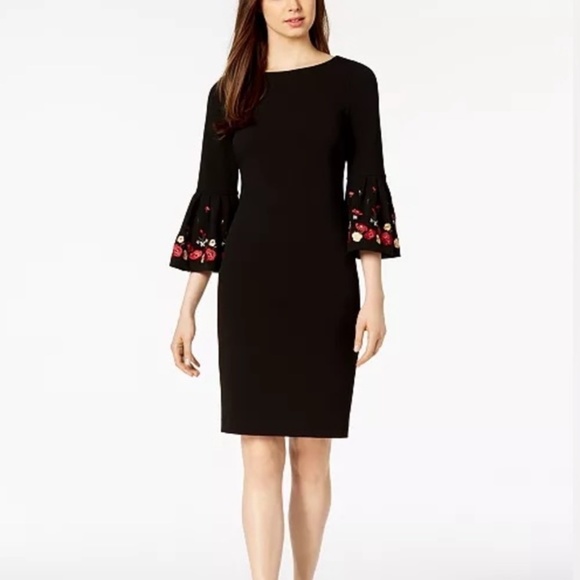 Black Calvin Klein Embroidered Bell Sleeve Sheath Dress size 6​ - Picture 1 of 9
